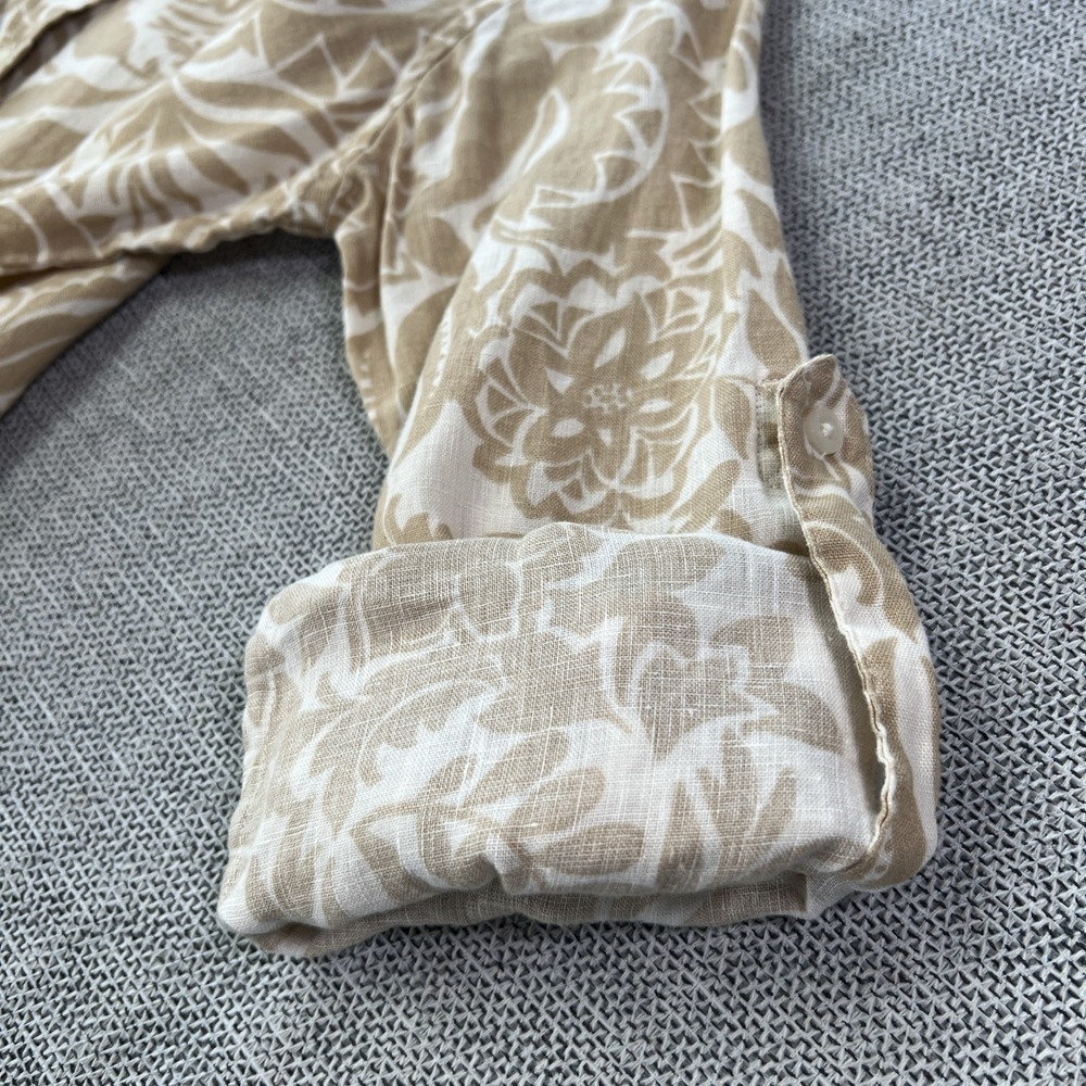 Ralph Lauren Khaki Floral Linen Shirt Button Women XS Rolled Up Long Sleeves - Picture 11 of 12